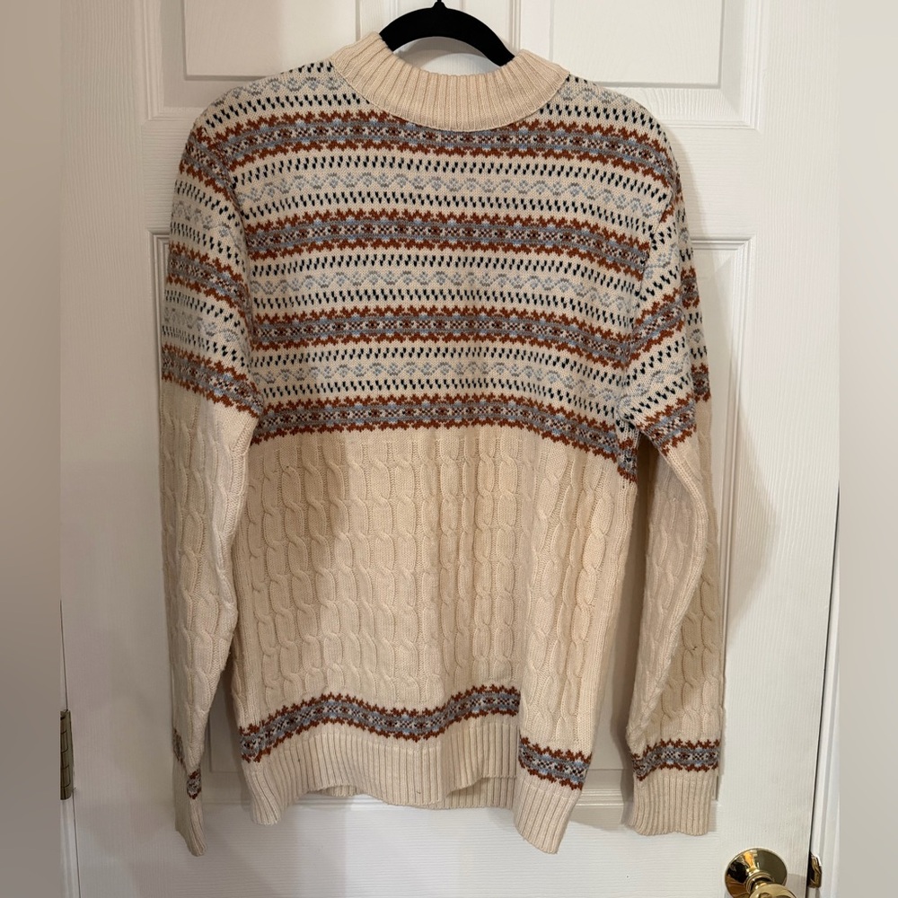 Vintage Classic Beige, Blue and Brown Patterned Cable Knit Crewneck Sweater